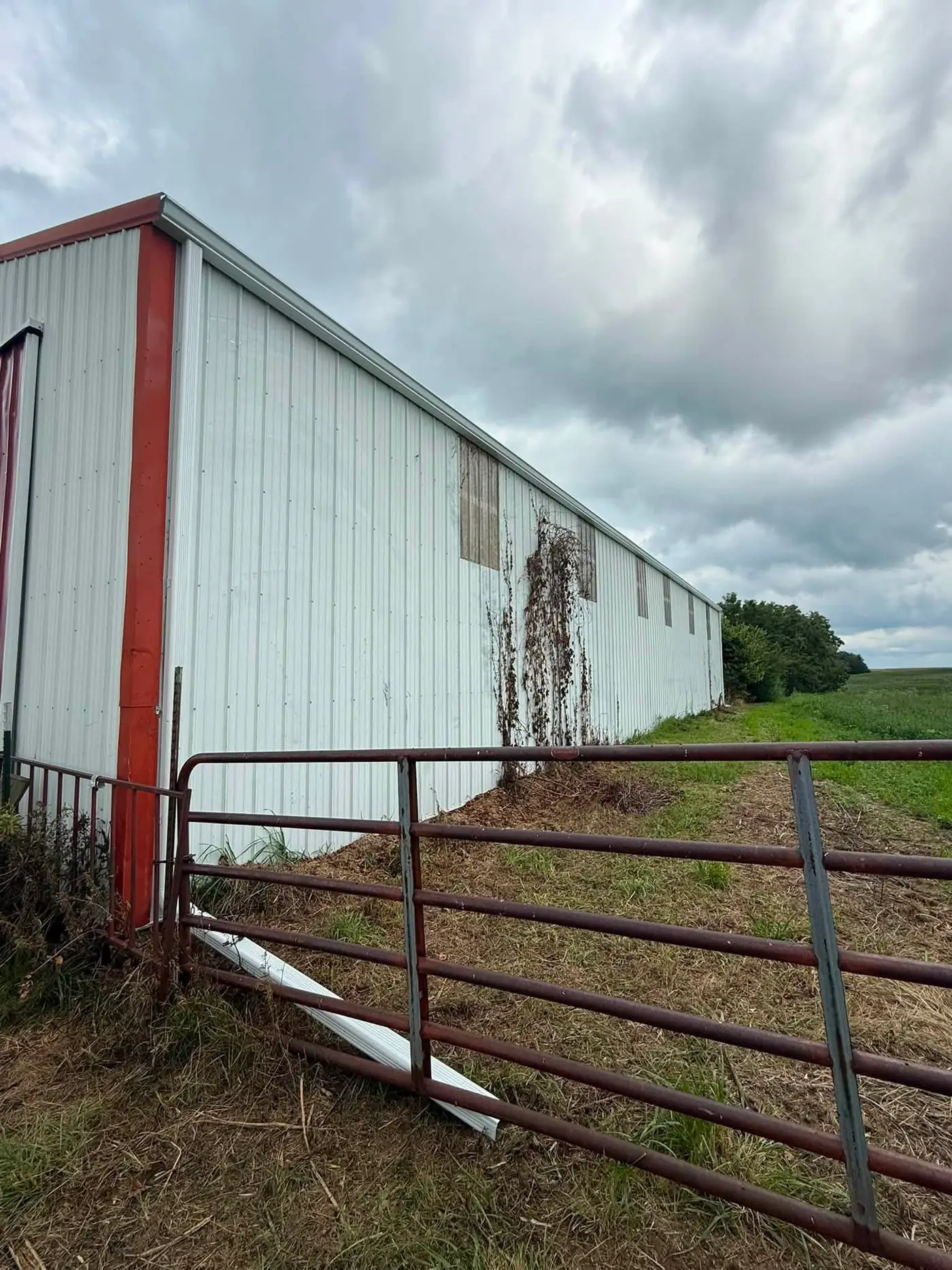 Weathered white metal barn with red trim and rust streaking, with new white gutter at the base